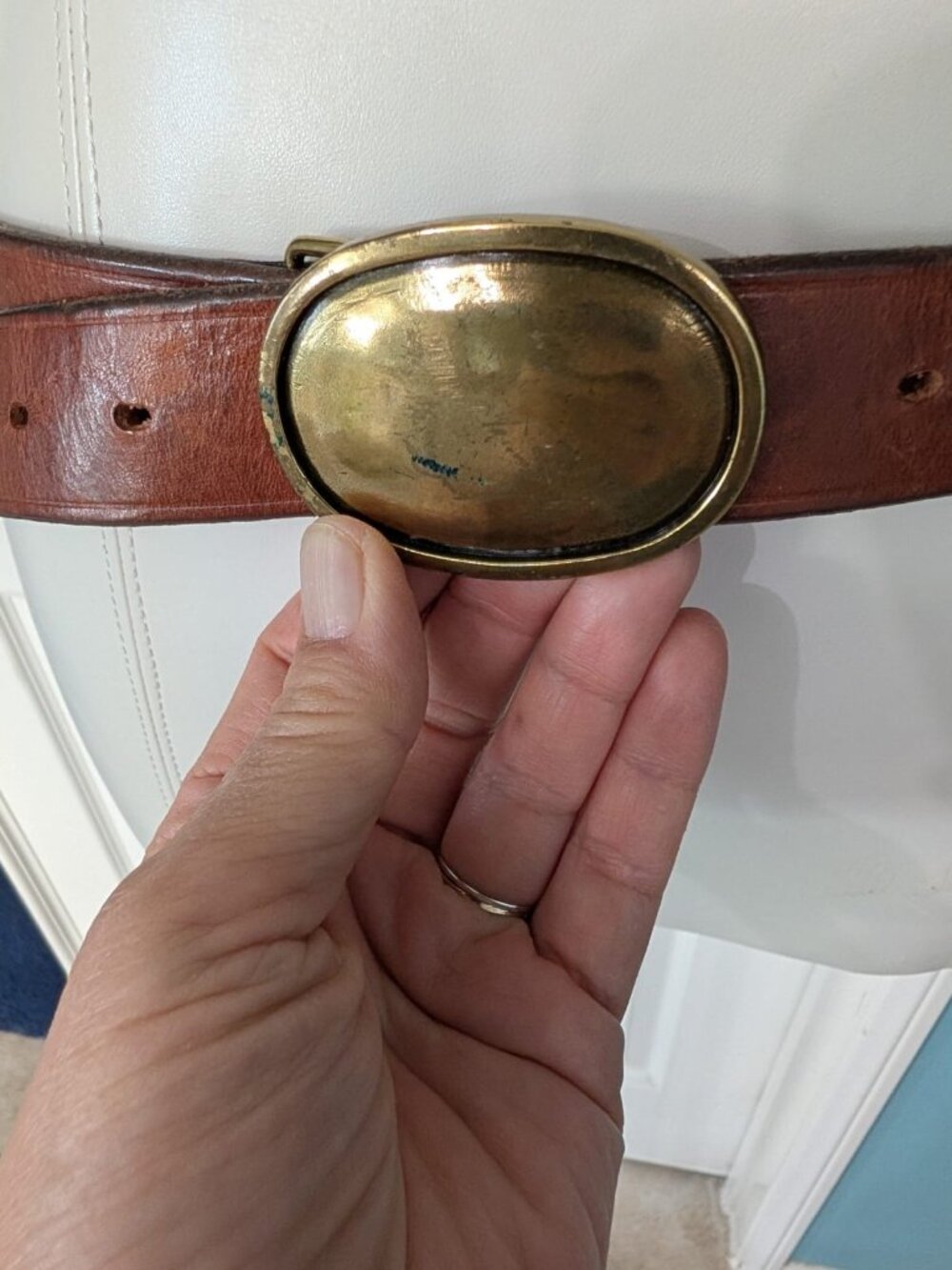 Vtg 1937 distressed Oval Brass Leather Belt 43" length waist-34"-40" Made In USA